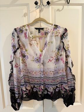 White House Black Market Sheer Floral V-Neck Blouse in White and Black